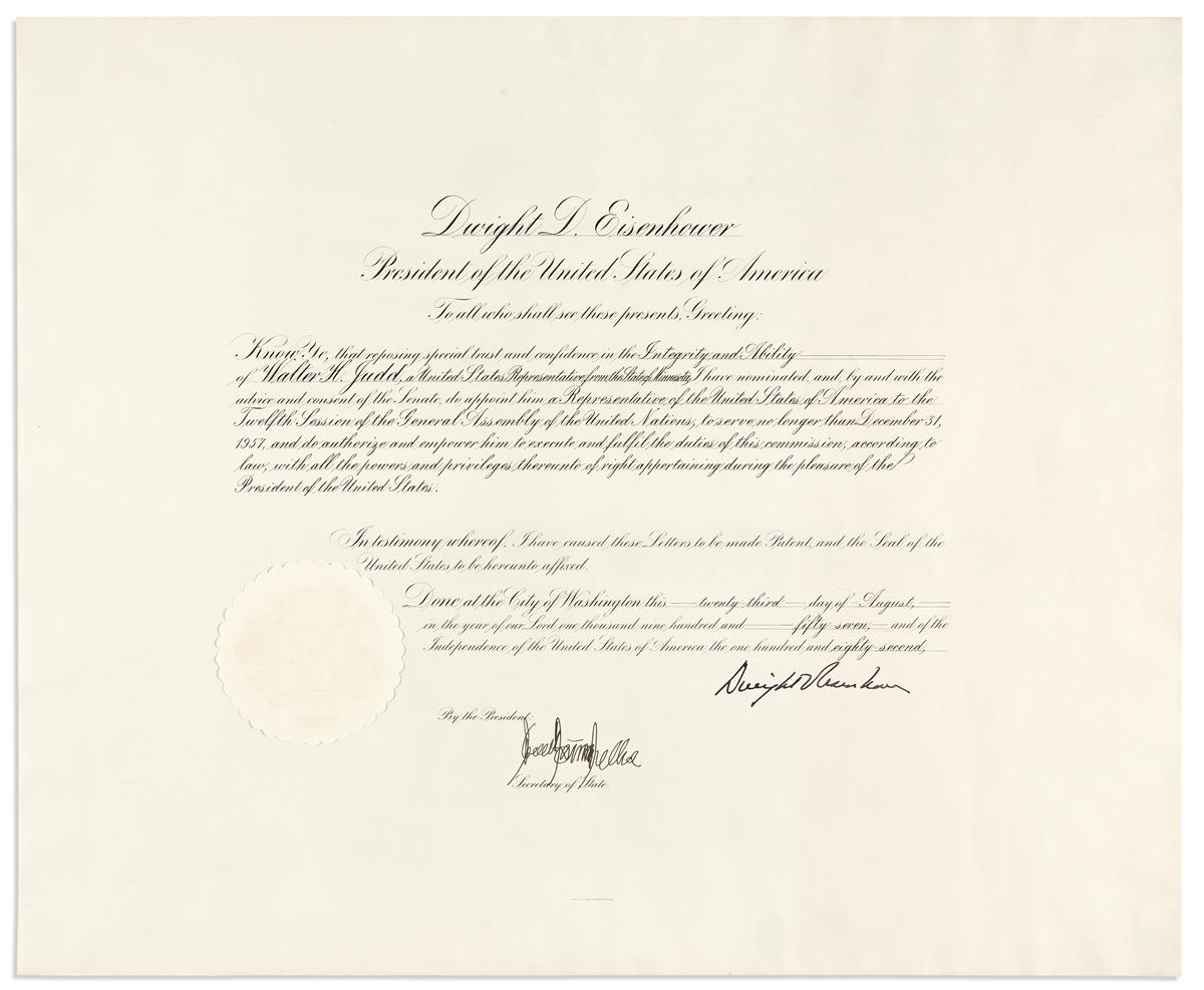 EISENHOWER, DWIGHT D. Partly-printed Document Signed, as President,